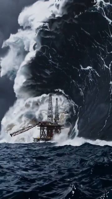 Нефтяная вышка против огромной волны