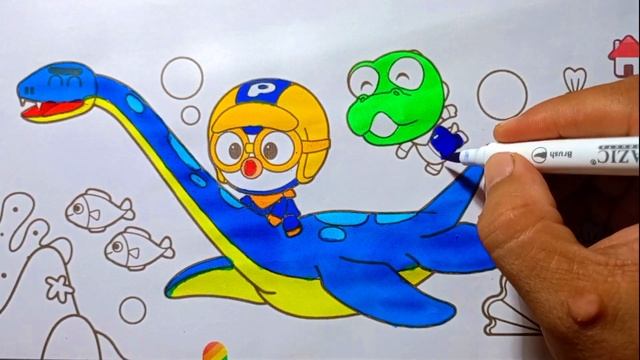 menggambar dan Mewarnai Pororo The Little Penguin dan Dinosaurus Plesiosaurus