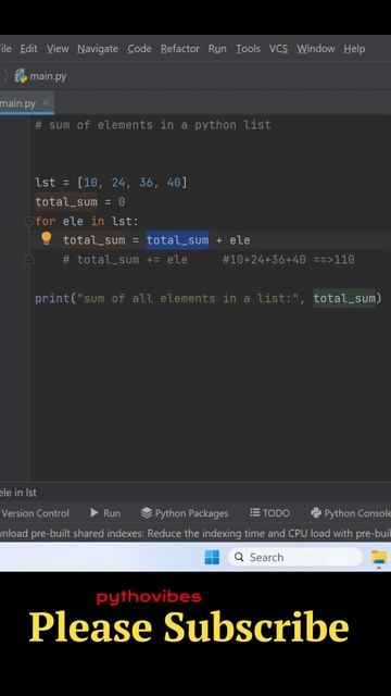 sum of elements in a list #pythonvibes_  @pythonvibes_ #pythonic #python #shorts #pythonvibes