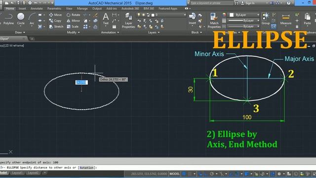 AutoCAD Tutorial 11: Draw ELLIPSE and Elliptical Arc using Center/Axis, End Methods