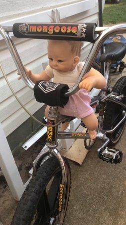 Baby trying to ride my old Bmx bike