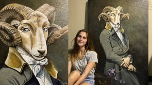 Анималистический портрет Барана. Картина с кракелюром (Эффектом состаривания). ART SOL