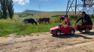 Дети и Машина. Диана и Даня, Милан играют в такси на детской машинке. Манкиту