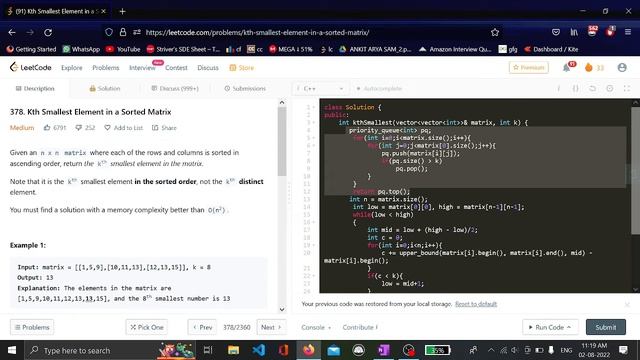 378. Kth Smallest Element in a Sorted Matrix || Leetcode daily challenge || C++