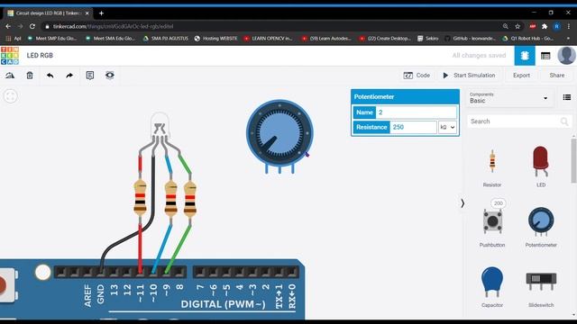 Tinkercad Arduino LED RGB dan Potensio