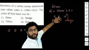 Resistance of a carbon resistor determined from colour codes is (22000±5%)Ω. The colour of third ba