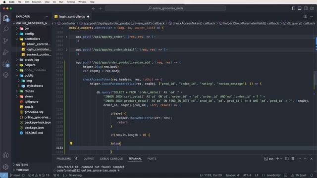 Node.js MySQL API: Create Order Product Rating & Review for Online Groceries Shop