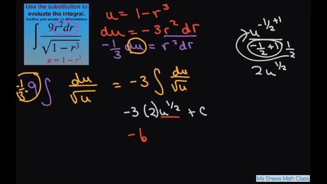 Use the substitution u = 1-r^3 to evaluate the Indefinite Integral (9r^2 dr)/(sqrt(1- r^3)). смотреть онлайн