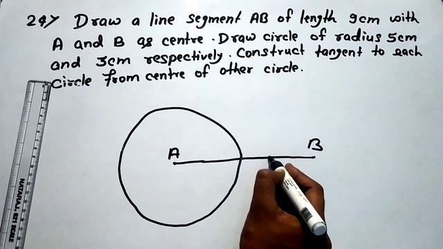 Draw a line segment AB of length 9cm with A and B as center.Draw circle of radius 5cm and 3cm.