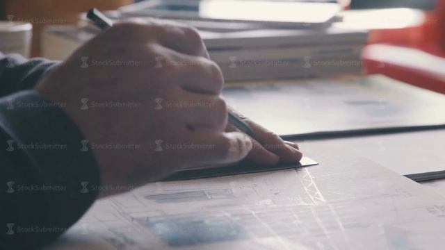 Engineering tools on work table for architectural project