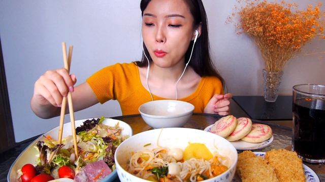 CC)ASMR Mukbang Chinese Noddle Flower Cake Seafood Salad Crispy Rice Crust (Eating Show 2021)