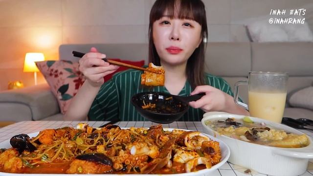 해산물 가득한 매운 해물찜🌶🌶, 핵불닭소스 듬뿍 넣은 팽이버섯, 해물누룽지탕 먹방 Braised Spicy Seafood, Enoki mushroom MUKBANGㅣASMR