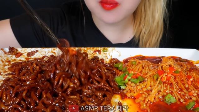 ASMR TRUFFLE JJAPAGHETTI (black bean noodles) SPICY ENOKI MUSHROOMS Mukbang Eating sounds