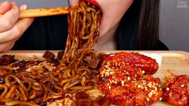 ASMR BLACK BEAN NOODLES + FRIED CHICKEN 시크릿양념치킨 짜장면 먹방 MUKBANG NO TALKING EATING SOUNDS