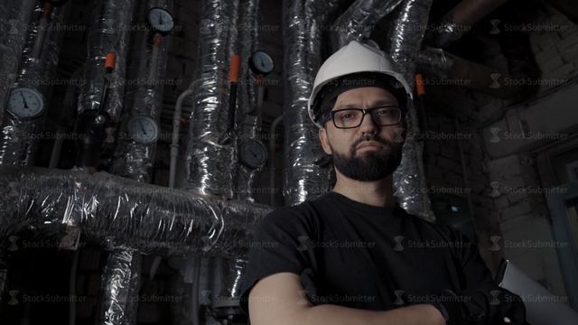 Man standing in a boiler room or a technical room with hot pipes.