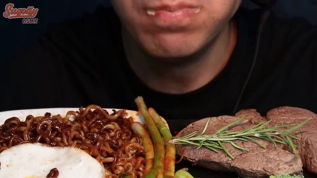 ASMR Jajangmyeon BLACK BEAN NOODLES & FRIED EGG & CHEESY FILET MIGNON Mukbang 먹방