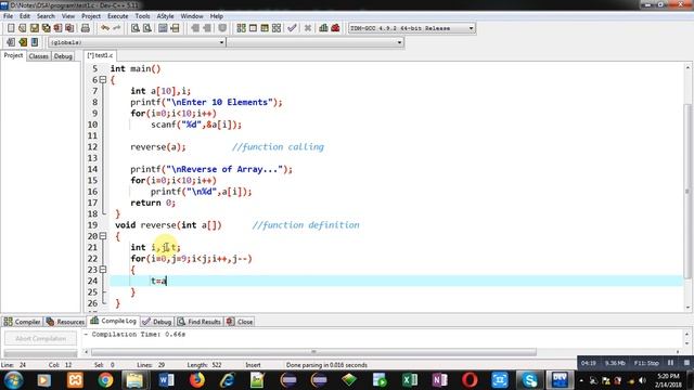 Print Reverse of Array by swapping elements and passing array into function in c programming