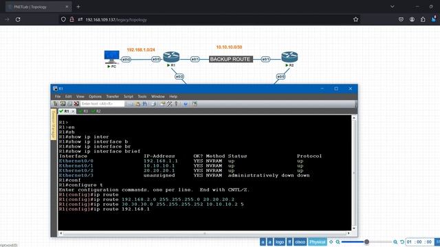 Floating Static Route with Cisco router, using PNETLab simulation tool 🌐. смотреть онлайн