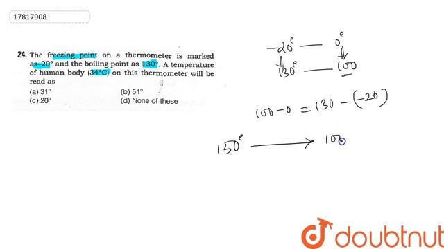 The freezing point on a thermometer is marked as `-20^(@)` and the boiling point as `130^(@)`.