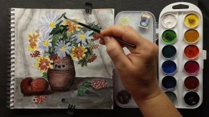 Ромашки и калина в вазе, акварель #акварель #ромашкиаквпрель