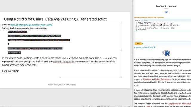 Artificial Intelligence and Statistical Analysis of Clinical tial data in R Studio. P.Pirouzi, Ph.D