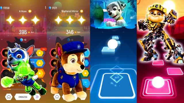 Paw Patrol | Rocky mighty pup VS Chase toy VS Marshall knight VS Rubble transformer | Tiles Hop