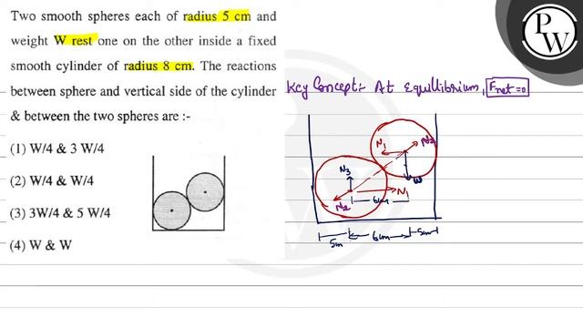 Two smooth spheres each of radius \( 5 \mathrm{~cm} \) and weight W rest one on the other inside... смотреть онлайн