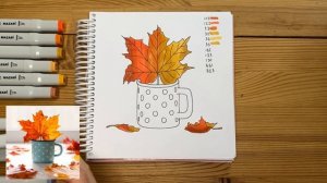 Рисунок скетч маркерами "Лист клёна" для скетчбука | Срисовка картинки для начинающих