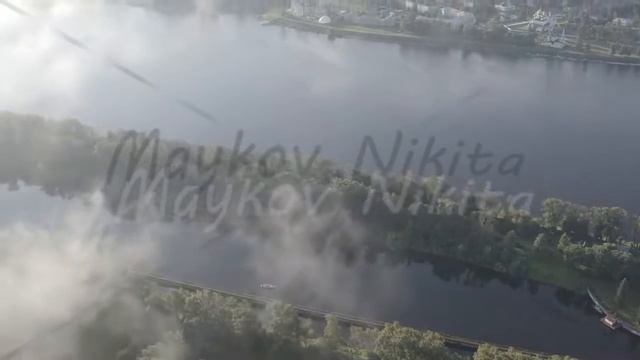 D-Log. Uglich, Russia. Uglich city from the air. Flying in the clouds. Volga river. Early morning, смотреть онлайн