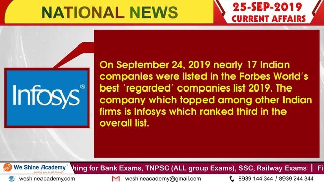 Daily Current Affairs in English 25th September 2019 | Bank, RRB, TET | We Shine Academy