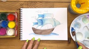 Как нарисовать корабль карандашом и гуашью для детей | Рисунок поэтапно для срисовки