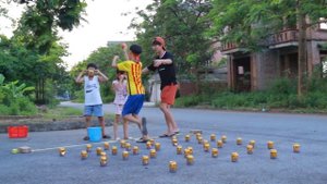 Kids go to School Play Blindfold Walk through obstacles | Kid Blindfold Throw Balls into Basket
