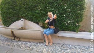 DANA LABO - blonde girl walk in leather boots high heels and leggings jeans