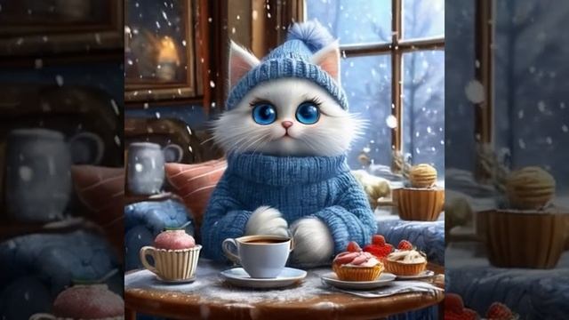 Нейрокот Стёпа пьёт чай с тортиком