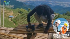 Мужчина строит в тропическом лесу двухэтажный домик-виллу из бамбука