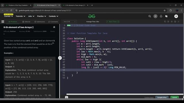 K-th element of two Arrays | Problem of the Day | GeeksforGeeks | gfg potd | 30 Days POTD Challenge