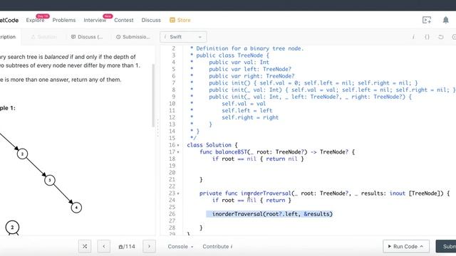 Leetcode 1382: Balance a Binary Search Tree - (Swift Programming Language, Algo & Data Structures)