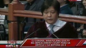 SONA: Corona, hinatulang guilty ng impeachment court para sa article 2 sa botong 20-3