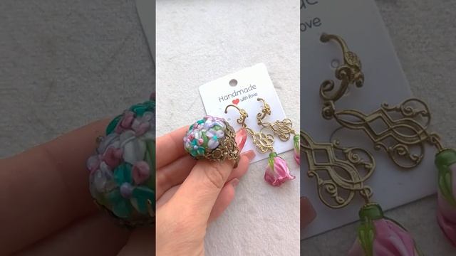 Кольцо и Серьги в винтажном стиле, стекло Lampwork ручной работы Aurora Fokina brand, металл- латун