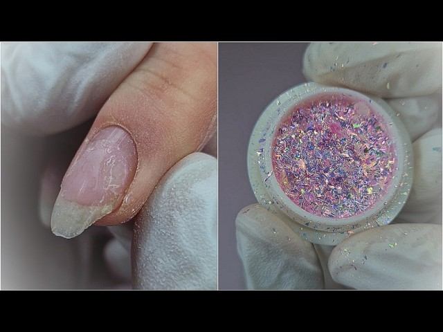 ОБЛОМАННЫЕ НОГТИ. Техника укрепления бортик. Молочный градиент с блестками смотреть онлайн