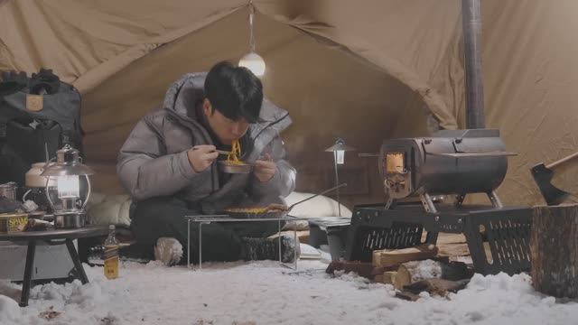 RYUCAMP Hot Tent Snow Camping with My Dog . Korean Buldak Pasta . Wood Stove ASMR