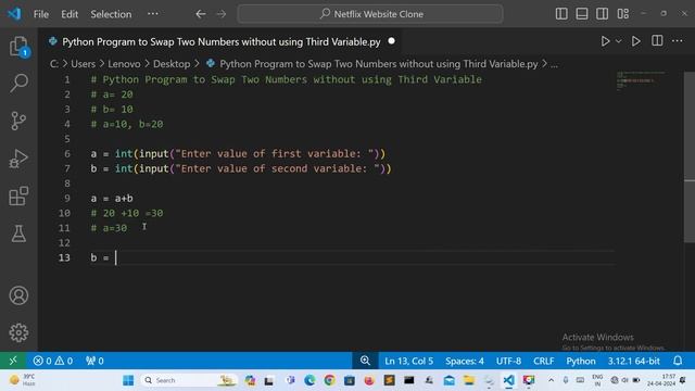 Python Program to Swap Two Numbers without using Third Variable | Python  Programming.