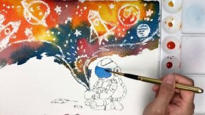 水彩教學 ★ 水溝油畫畫會變成這樣！教你一學即會水彩畫｜太空人的夢｜零失敗畫畫