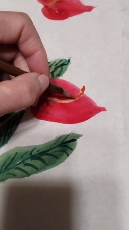 Sumi-e Anthurium painting demo adding opaque yellow over red