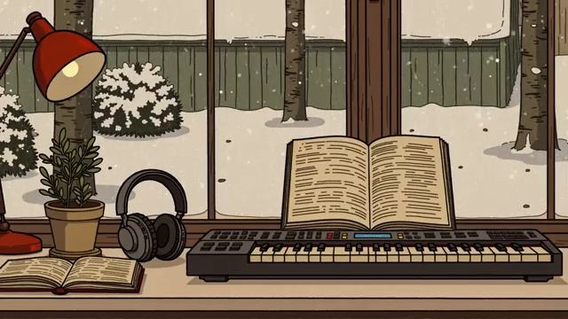 Уголок комнаты, где зазвучали первые ноты, за окном падает снег, полный ностальгии - JazzMusic смотреть онлайн