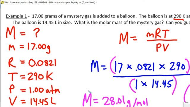 Calculating the Molar Mass of a Gas using M = mRT/PV and the Density of Gas using D=MP/RT смотреть онлайн