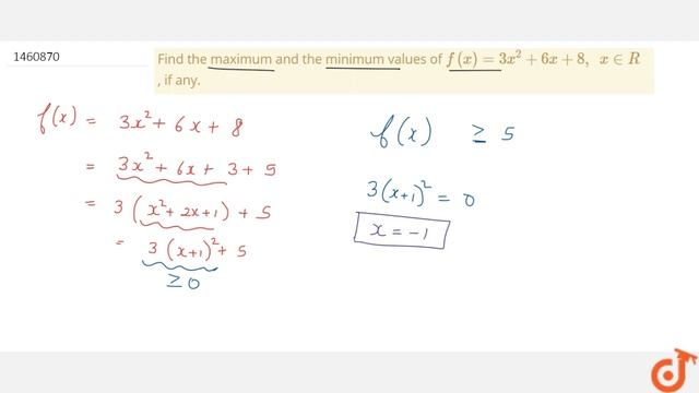 Find the maximum and the minimum values of `f(x)=3x^2+6x+8,\\ \\ x in R` , if any. смотреть онлайн