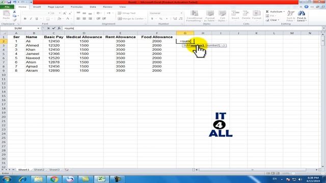 How to use sum formula in excel