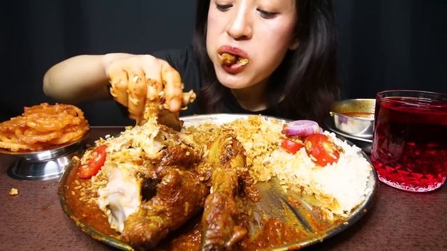 Spicy Giant Whole Chicken Curry with Basmati Rice, Jalebi #ASMR/EATING SHOW BIG BITES MUKBANG