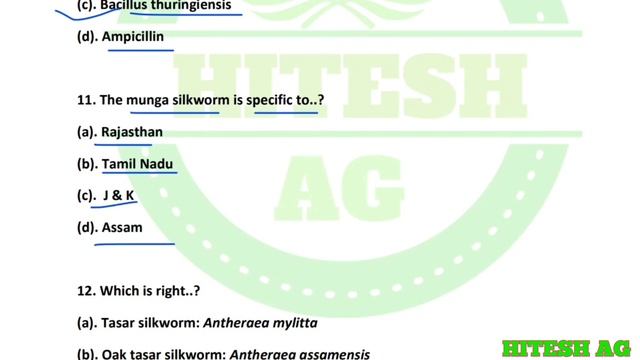 Important MCQs on Sericulture (Silkworms cultivation)